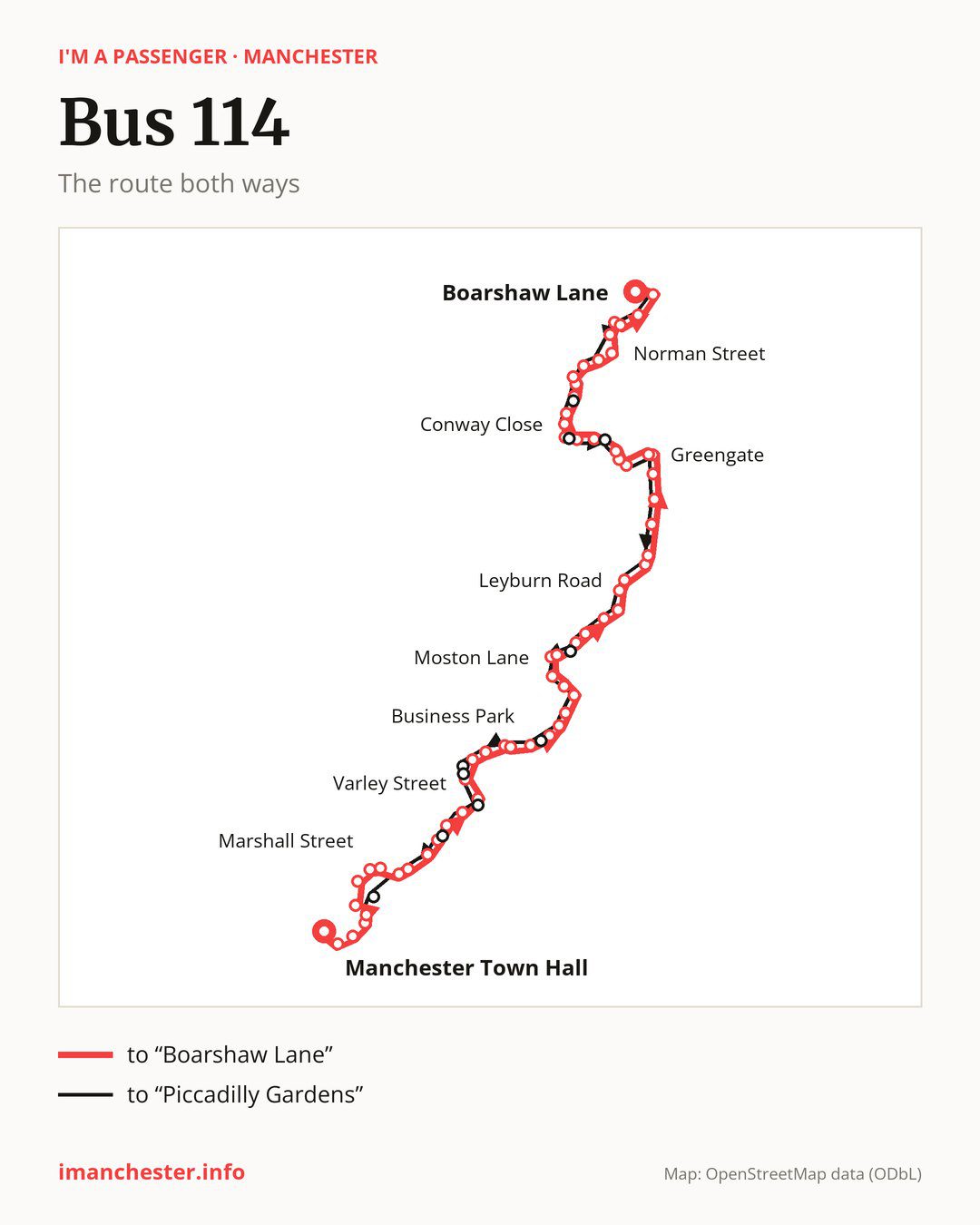 Bus route 114 in Manchester on the map: the route both ways
