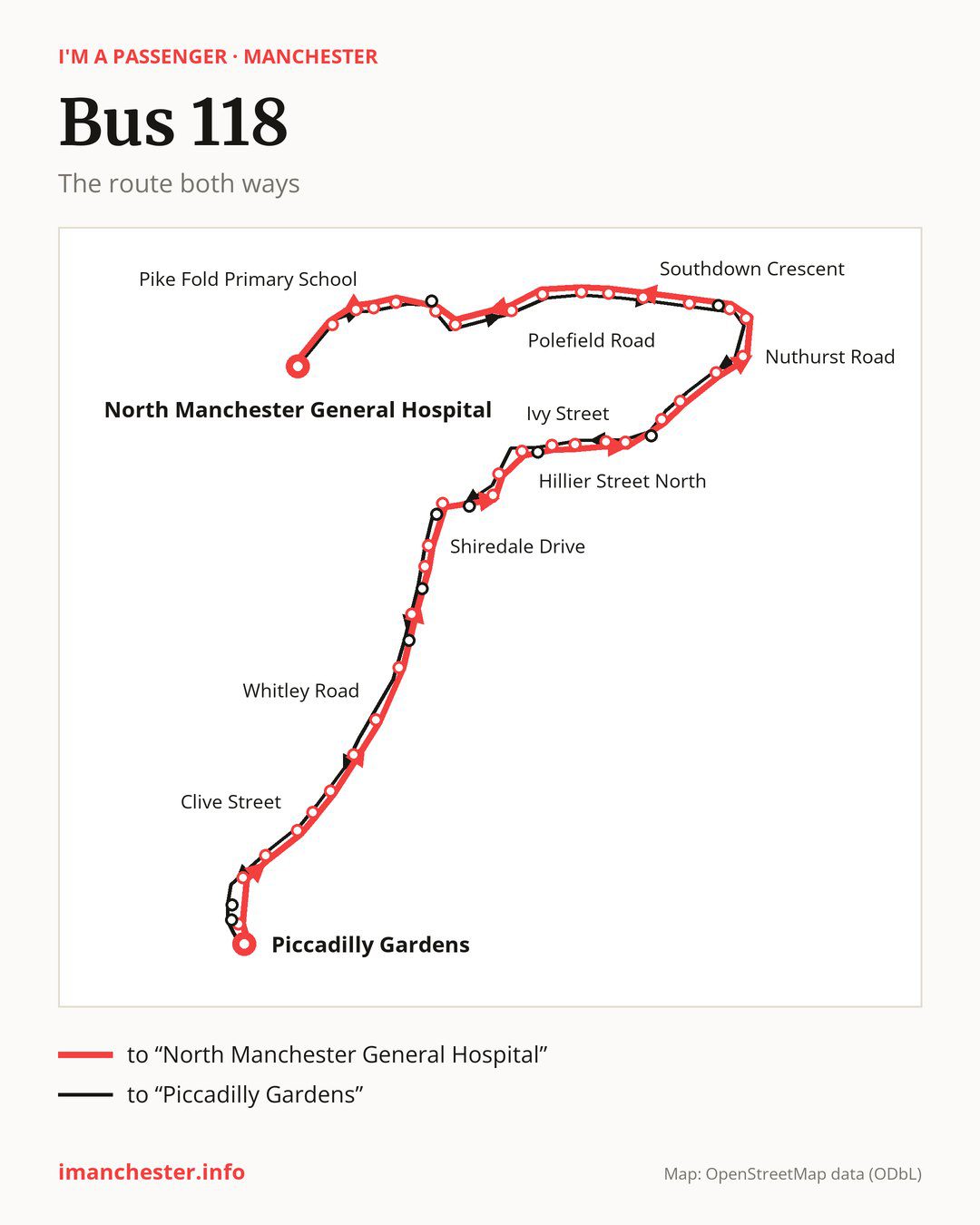 Bus route 118 in Manchester on the map: the route both ways
