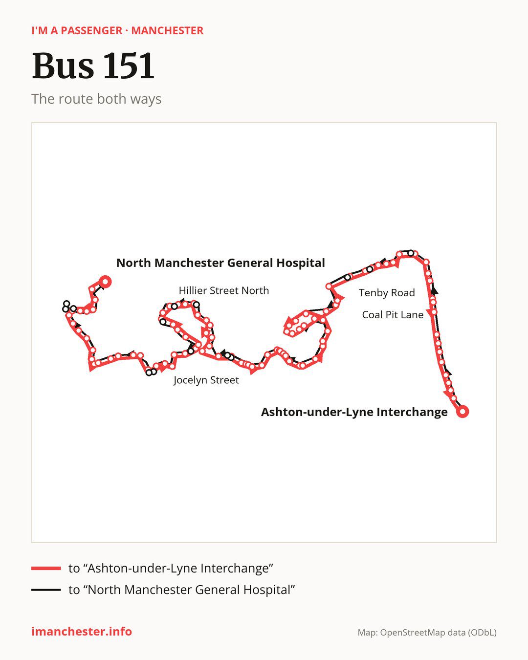 Bus route 151 in Manchester on the map: the route both ways