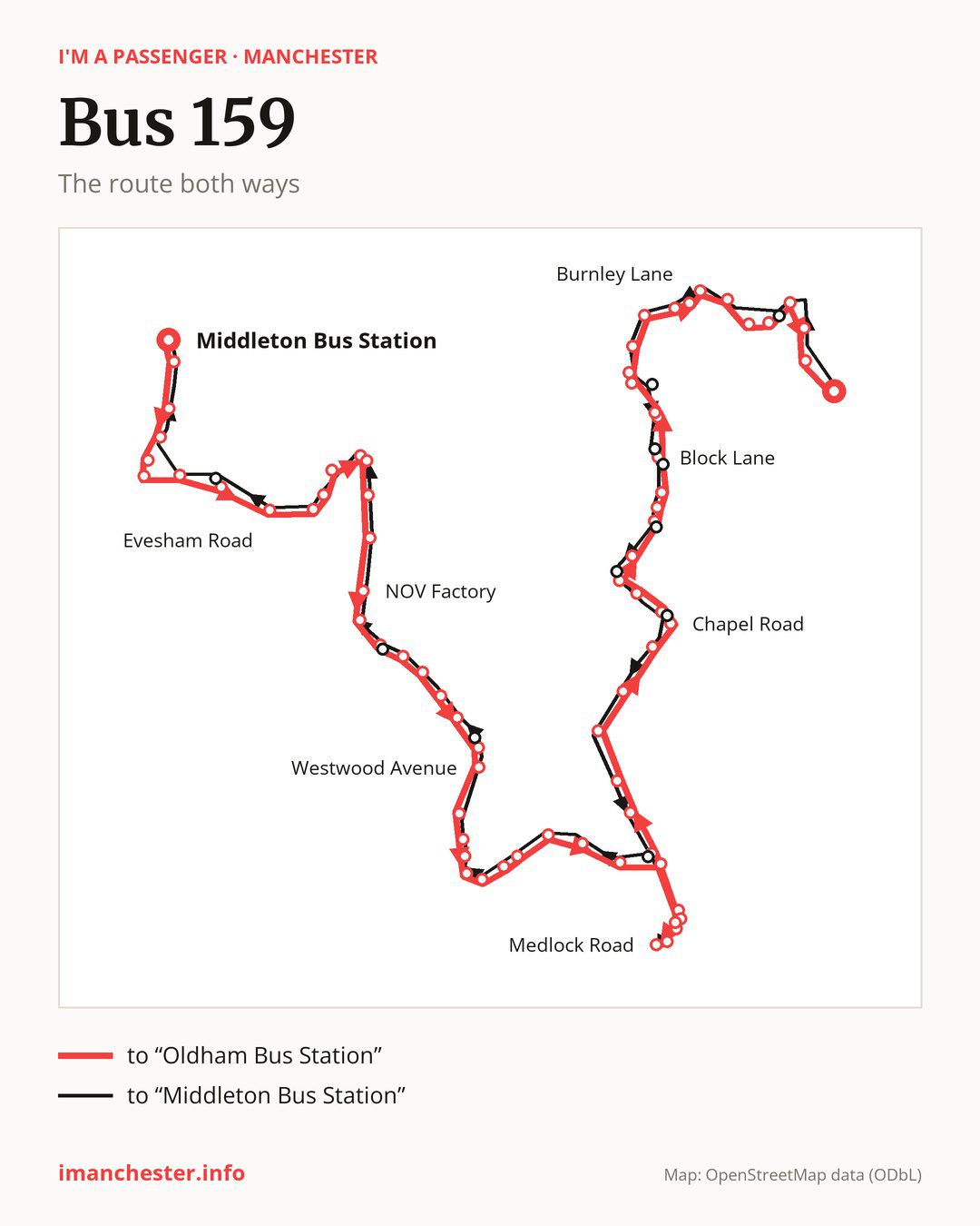 Bus route 159 in Manchester on the map: the route both ways