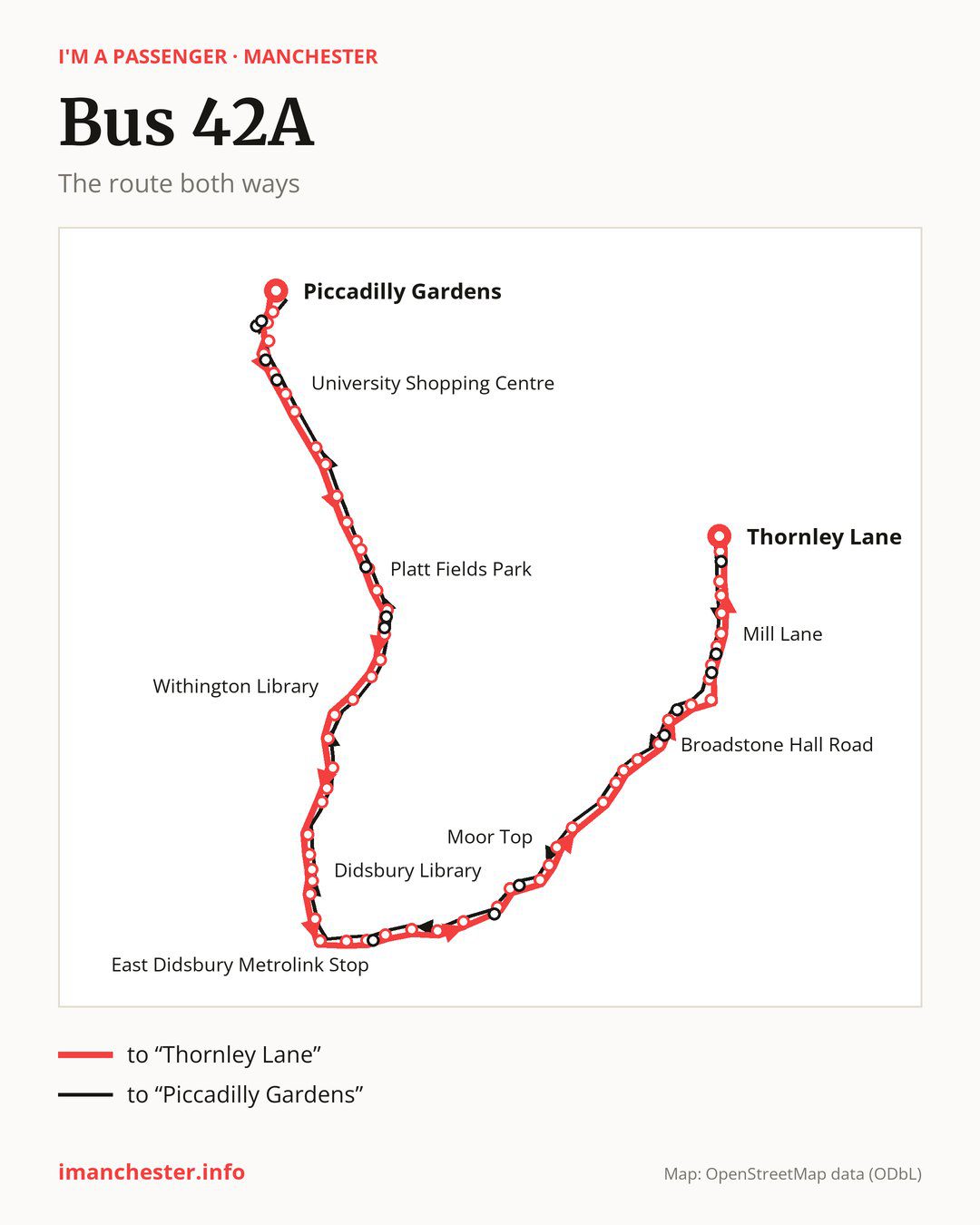 Bus route 42A in Manchester on the map: the route both ways