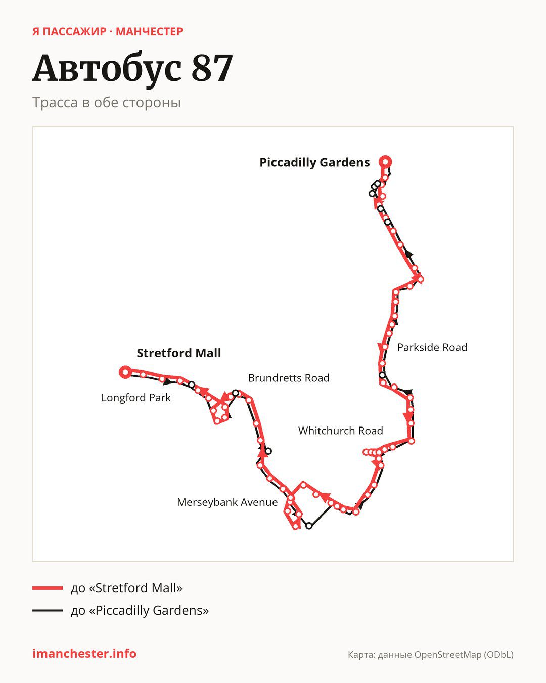Автобус 87 в Манчестере на карте: трасса в обе стороны